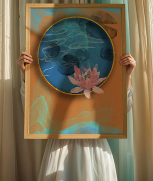 Abstrakte Seerosenkunst mit goldenen Akzenten auf blauem und orangefarbenem Hintergrund