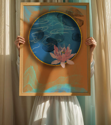 Abstract water lily art with gold accents on blue and orange background