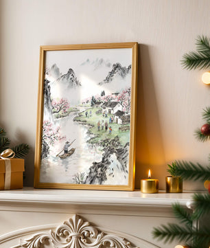 Idyllic Village Scene with Cherry Blossoms and a River