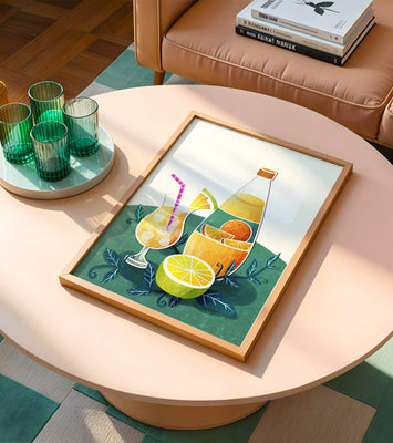 Colorful illustration of citrus drinks with bottle and glass