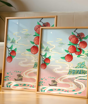 Idyllic Landscape with Lush Lychee Branches and Serene Waterscape
