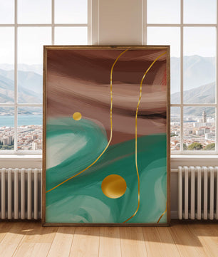 Composición abstracta con elementos dorados sobre fondo turquesa y marrón
