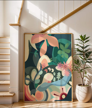 Abstract botanical artwork with vibrant colors and natural elements