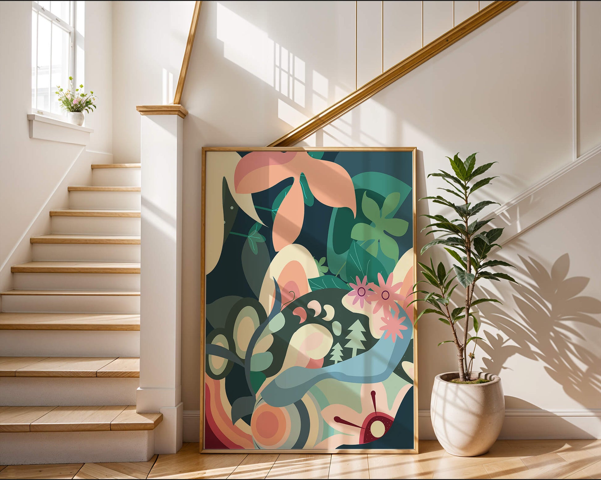 Abstract botanical artwork with vibrant colors and natural elements