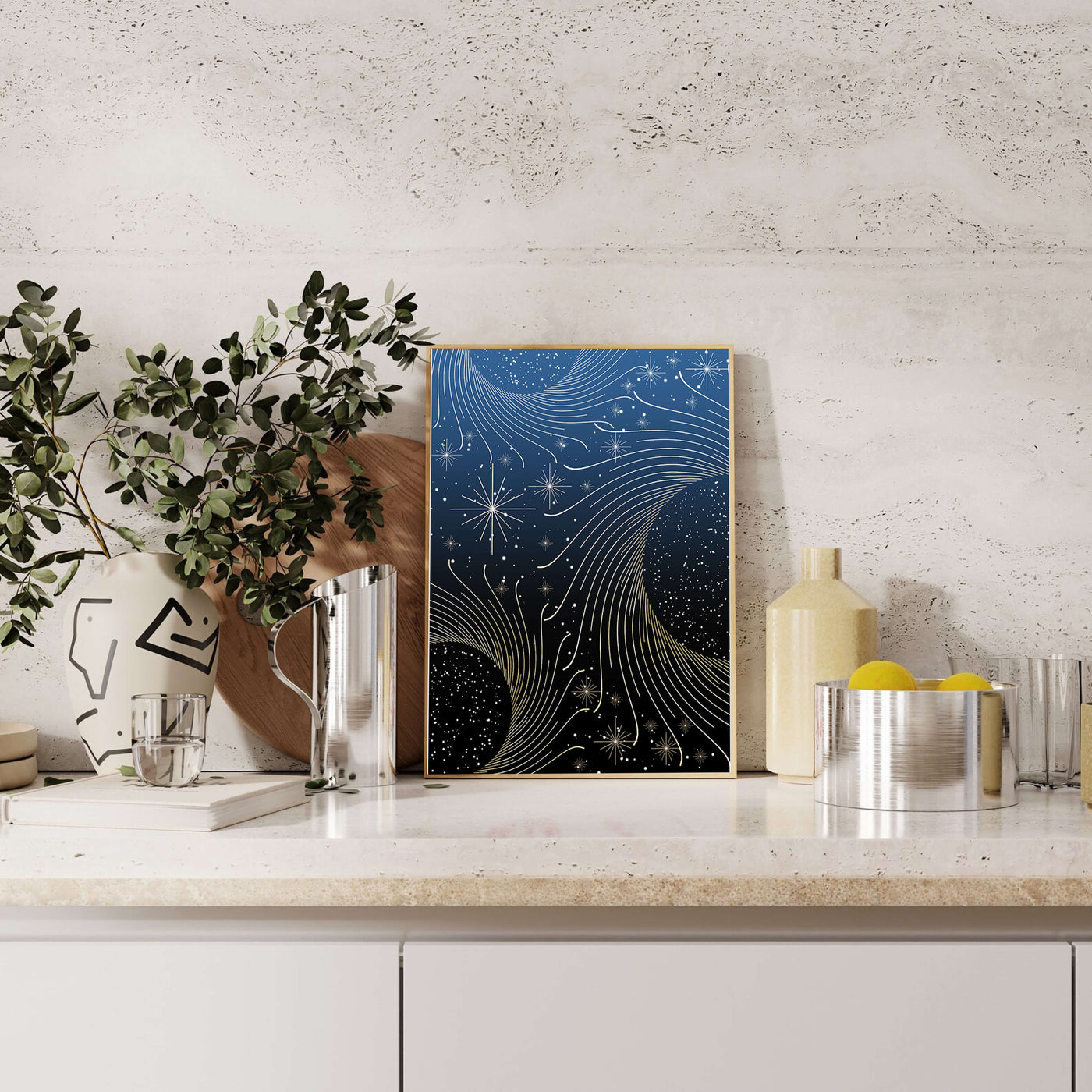 Elegant starry night with golden cosmic swirls