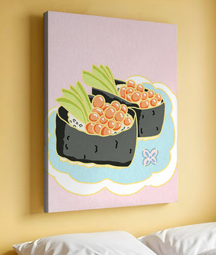 Illustration of sushi rolls with fish roe and avocado on a pastel background