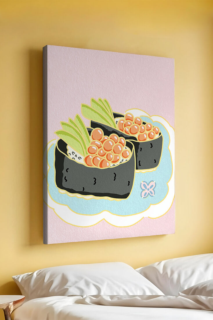 Illustration of sushi rolls with fish roe and avocado on a pastel background