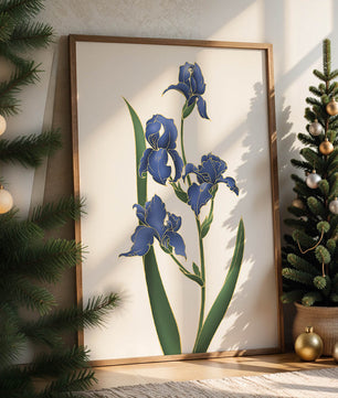 Flores de lirio azul elegantes con acentos dorados sobre un fondo blanco