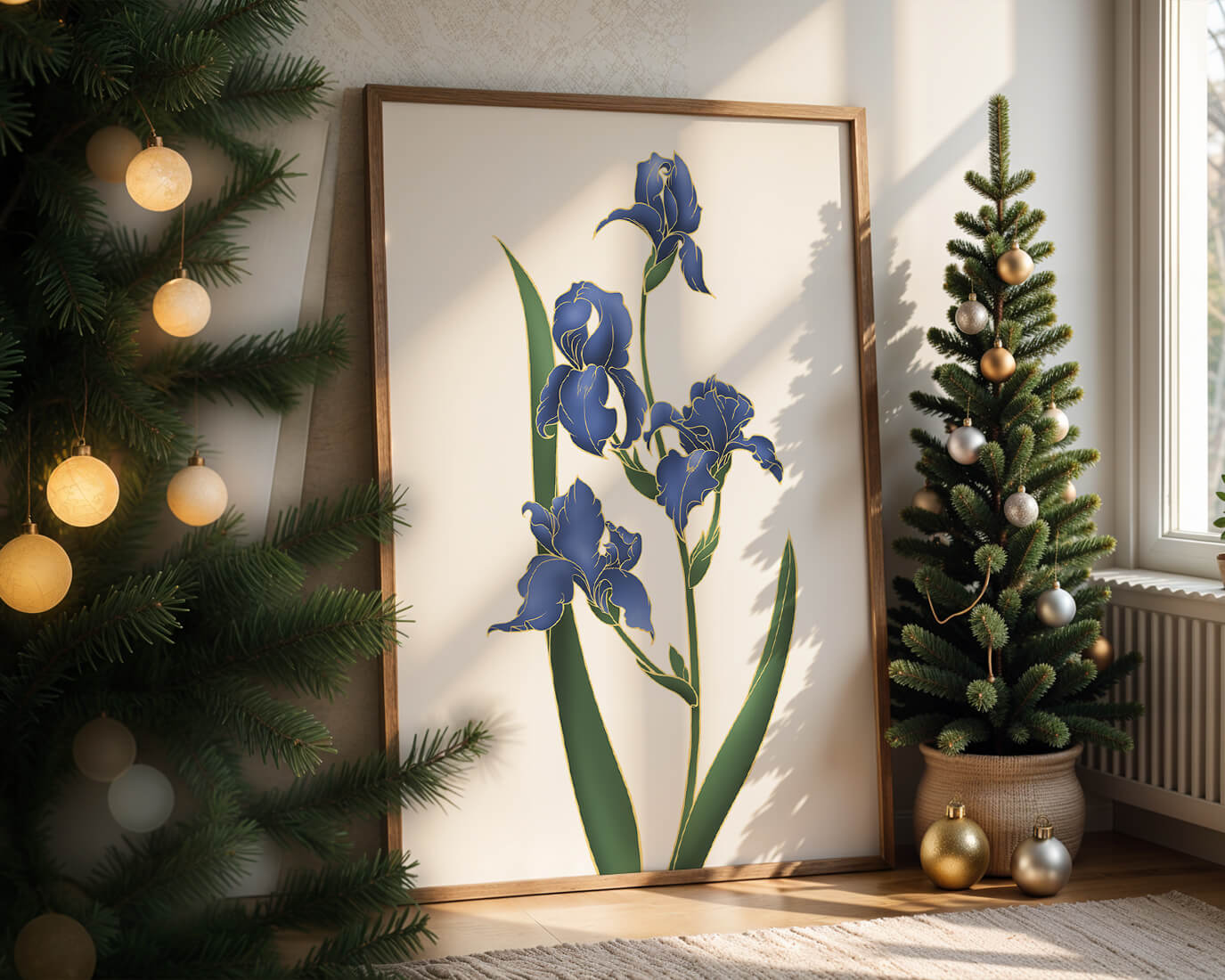 Flores de lirio azul elegantes con acentos dorados sobre un fondo blanco