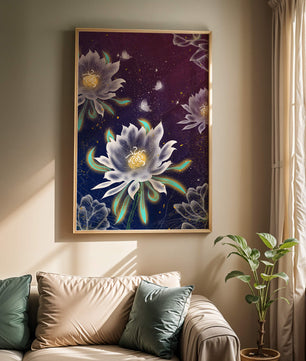 Lotus Flowers and Butterflies in a Starry Night Sky with Gold Accents - Mi tienda