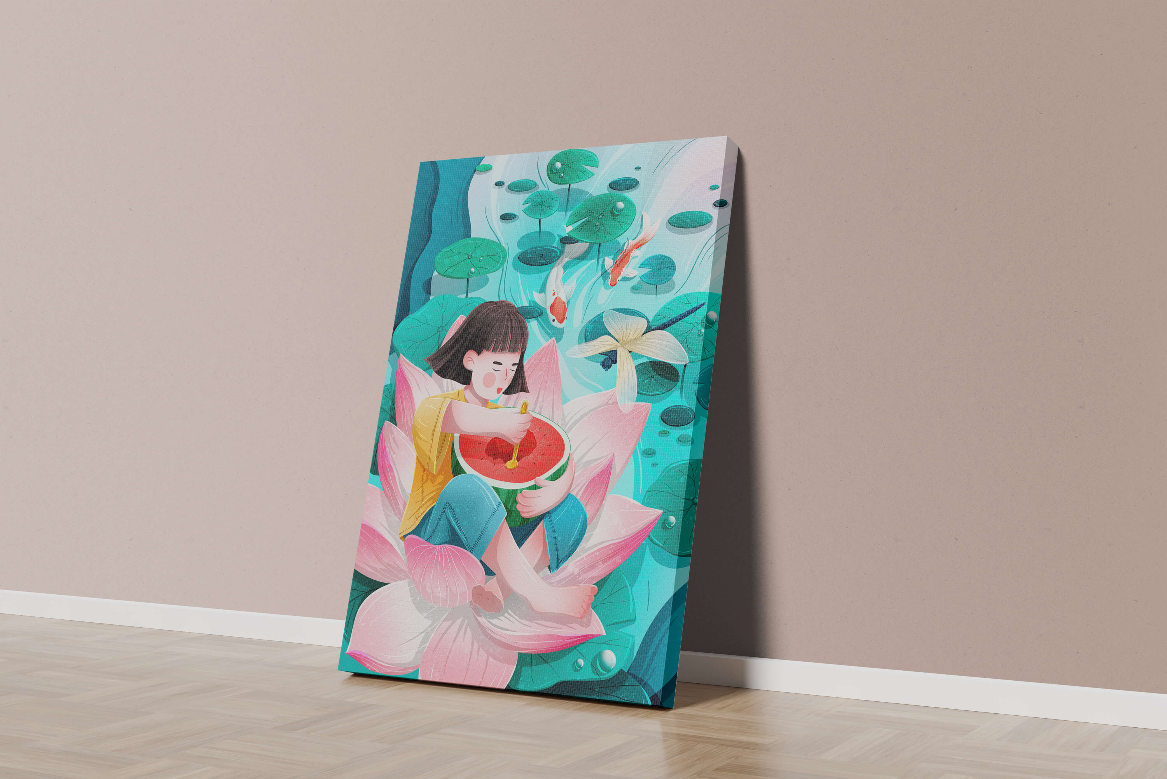 Serene illustration of child with watermelon on lotus flower
