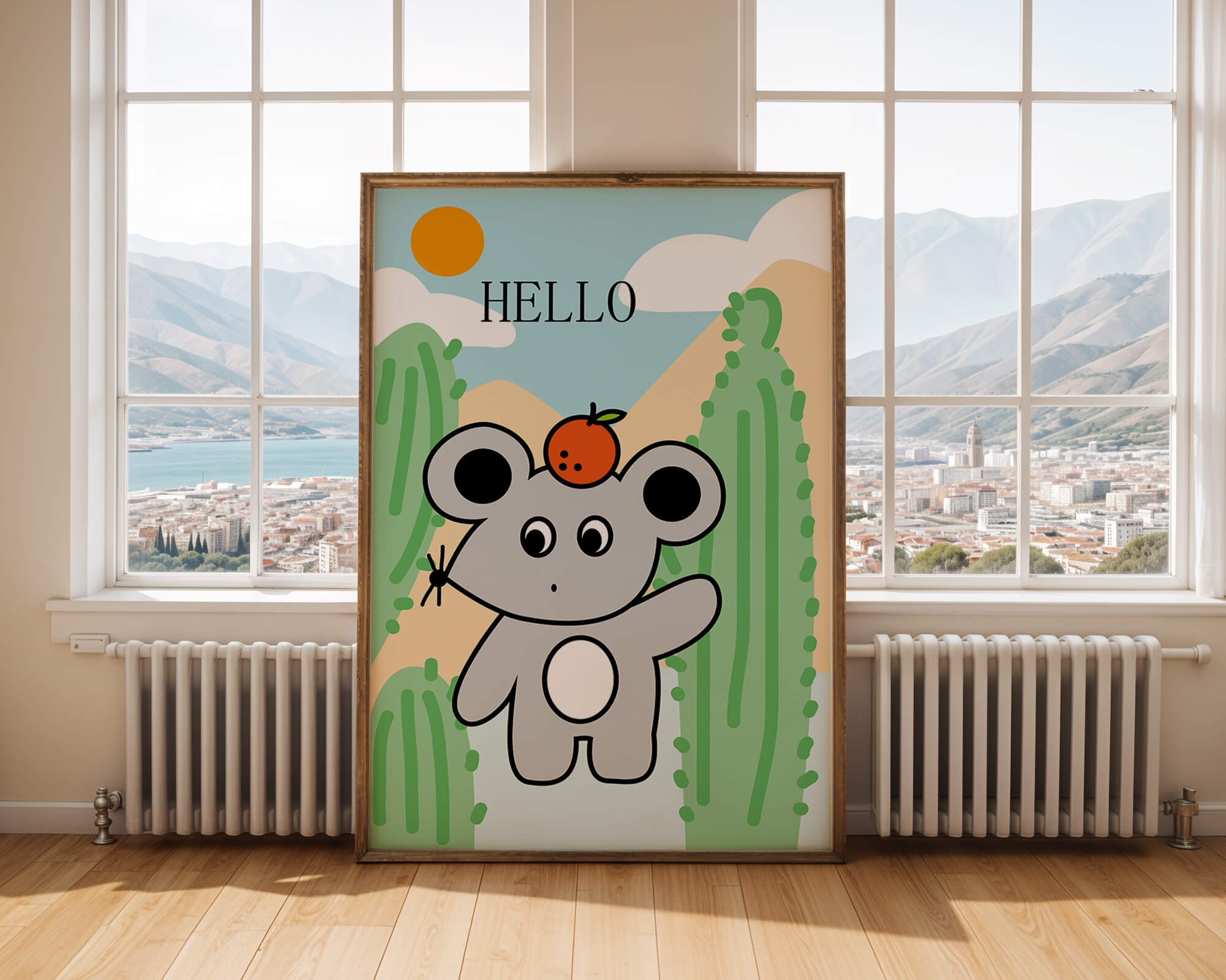 Cute illustration of a mouse with an orange on a sunny background