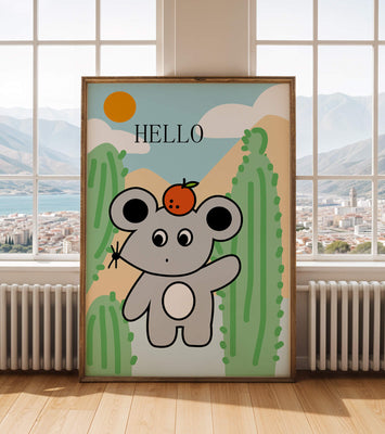 Cute illustration of a mouse with an orange on a sunny background