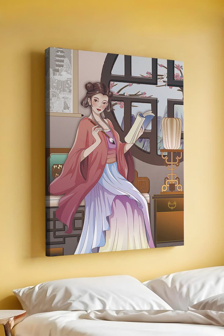 Illustrated scene of a woman in traditional attire reading by a window