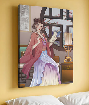 Illustrated scene of a woman in traditional attire reading by a window
