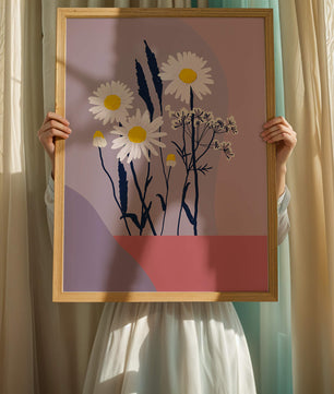Illustrative floral artwork with daisies and abstract background
