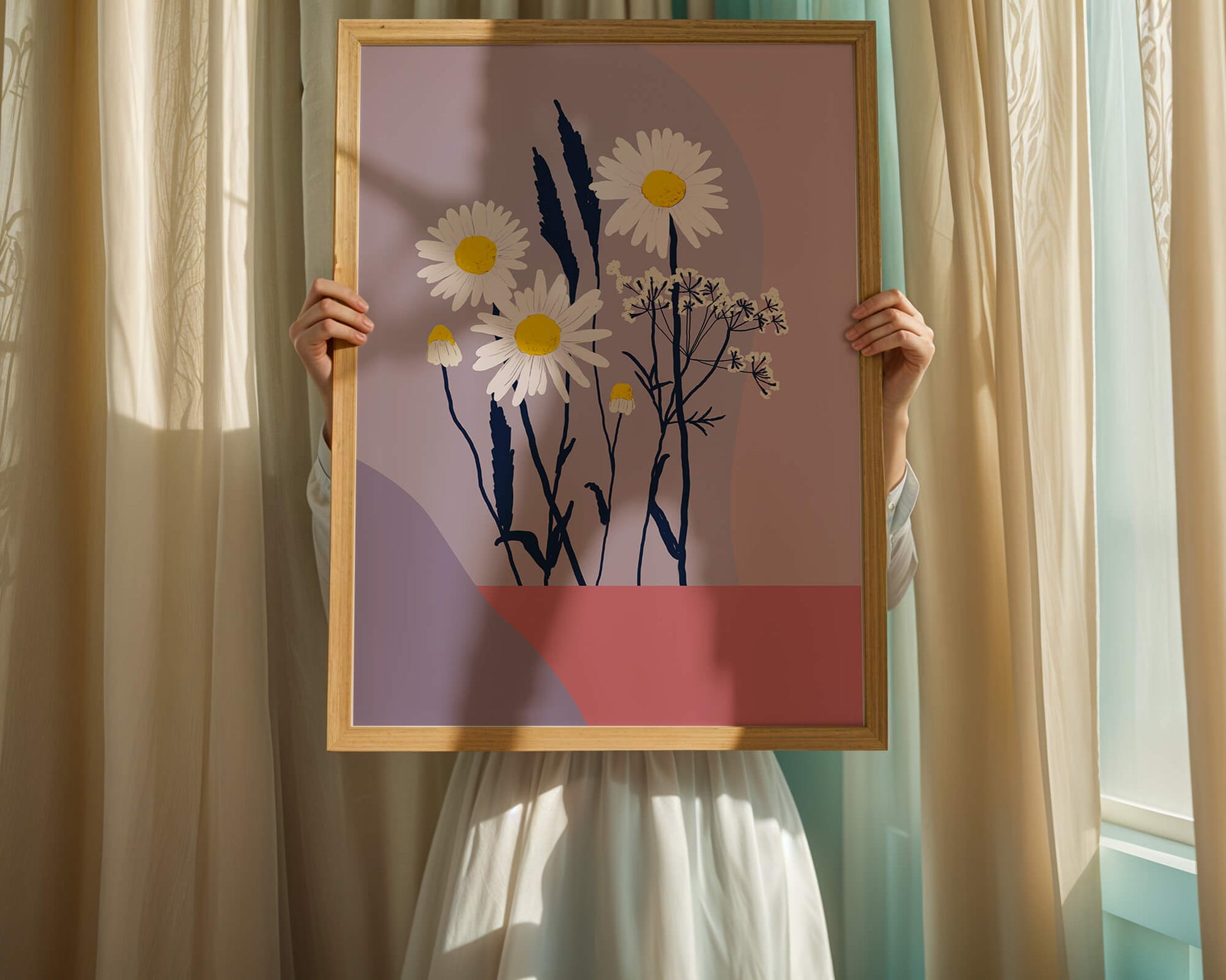 Illustrative floral artwork with daisies and abstract background