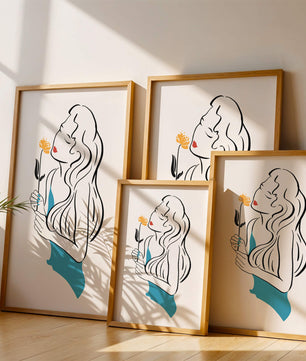 Ilustración estilizada de una mujer con una flor y elementos abstractos