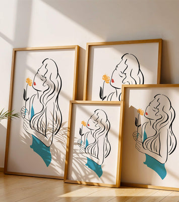 Stylized illustration of a woman with a flower and abstract elements
