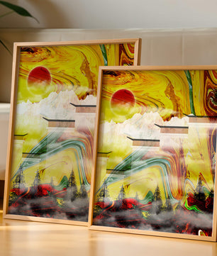 Abstract Landscape with Swirling Colors and Red Sun
