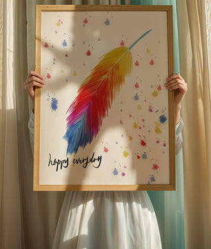 Colorful feather with inspirational message on abstract paint splatter background