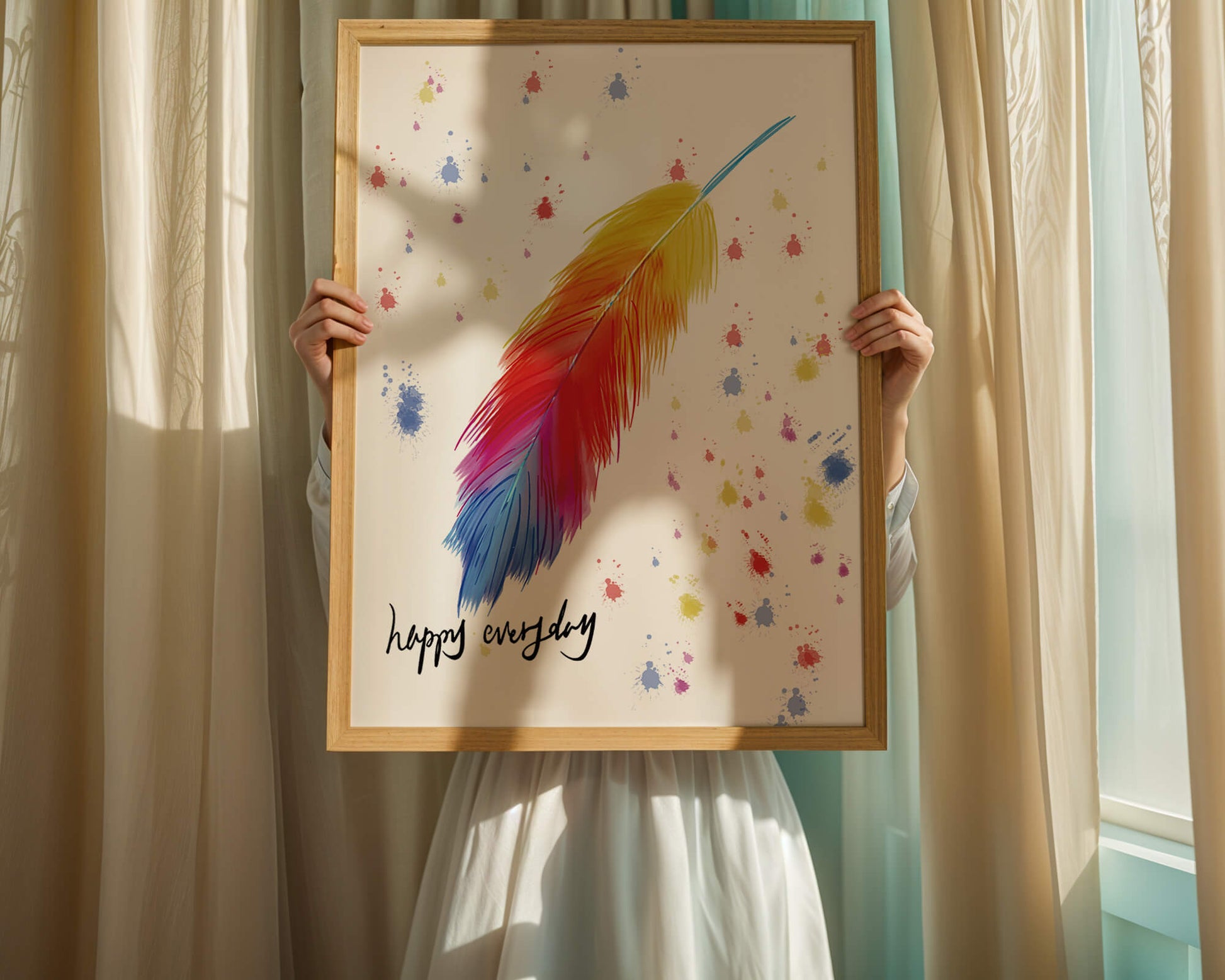 Colorful feather with inspirational message on abstract paint splatter background
