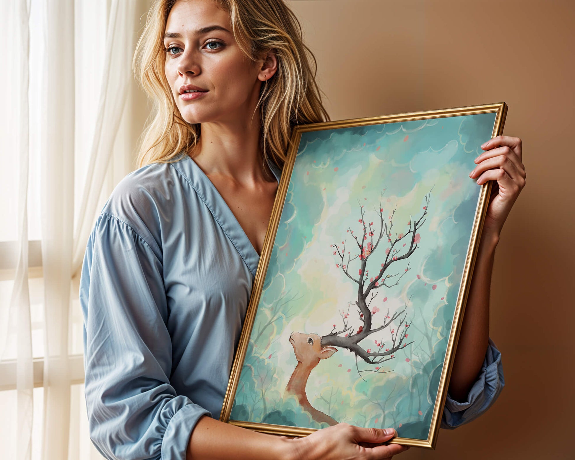 Surreal deer with branches for antlers in a pastel cloudy background