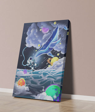 Astronaut Exploring a Surreal Cosmic Ocean with a Glowing Whale
