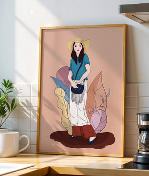 Ilustración de moda de una mujer con sombrero sobre fondo pastel