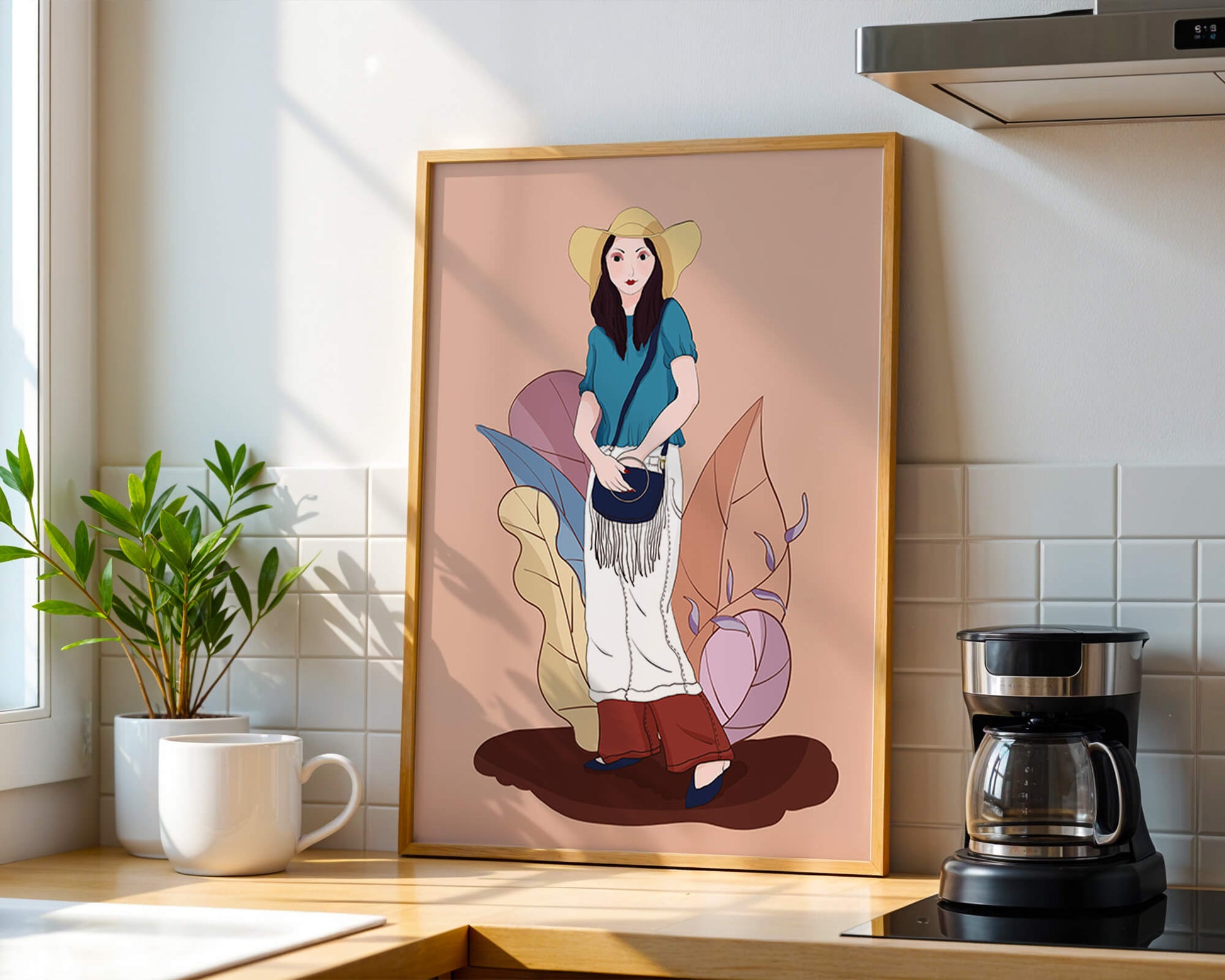 Ilustración de moda de una mujer con sombrero sobre fondo pastel