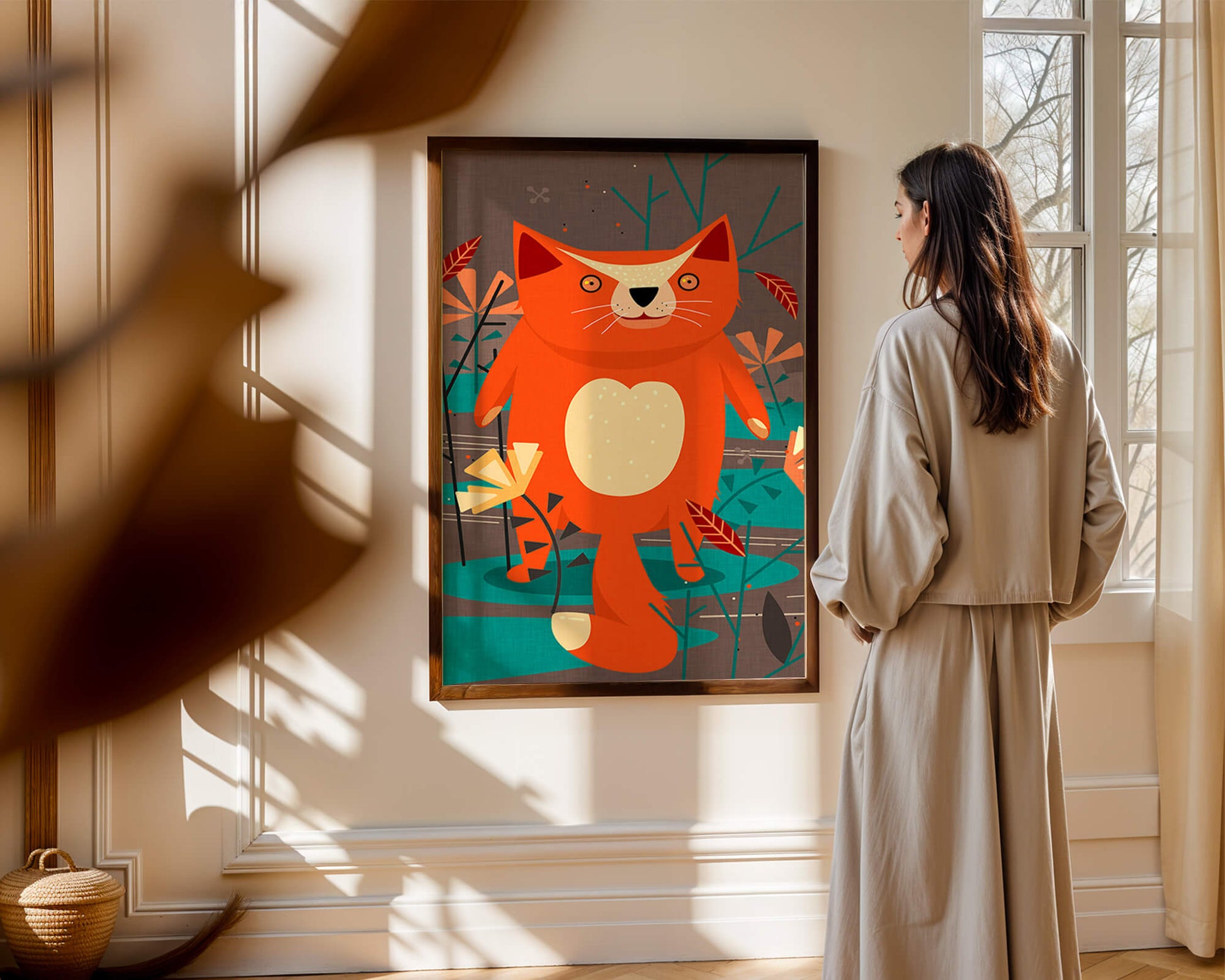 Illustration Of A Cute Orange Cat Surrounded By Stylized Trees And Plants