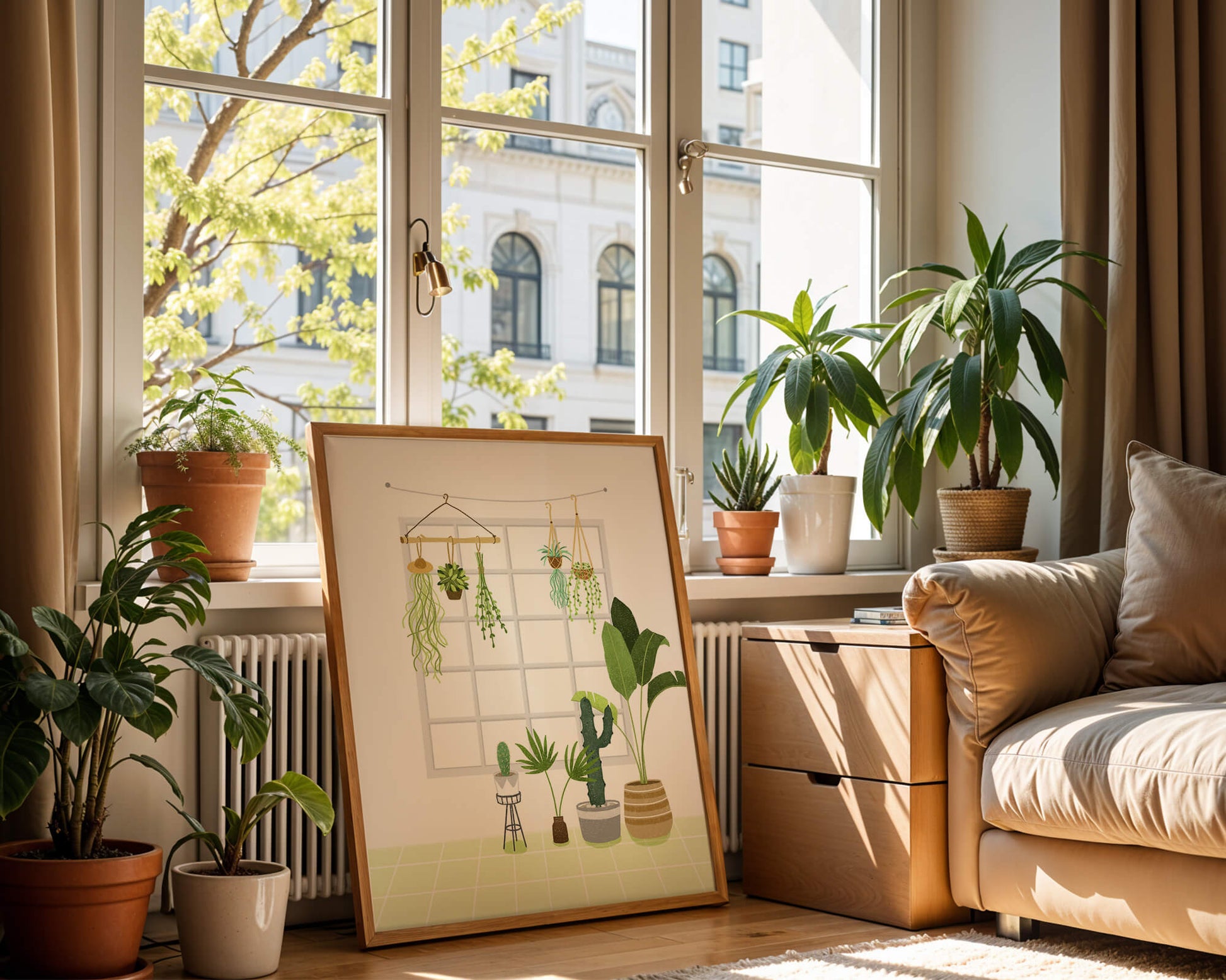Decoración de interior con plantas colgantes y en macetas