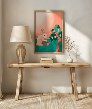 Conejo de origami abstracto con mortero y pistilo bajo un árbol en flor