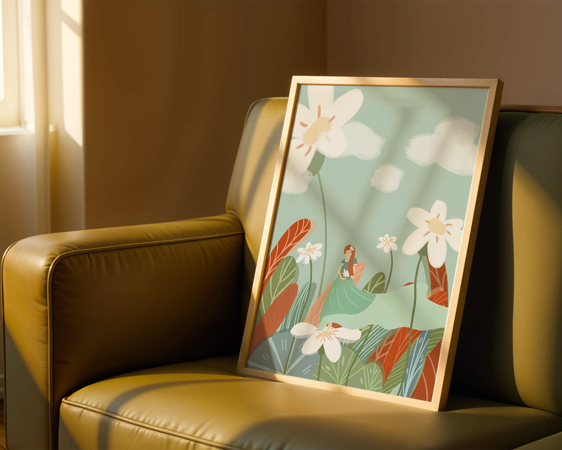 Whimsical garden scene with woman in a floral wonderland