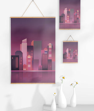 Modern Abstract Cityscape at Sunset with Reflective Water - Mi tienda