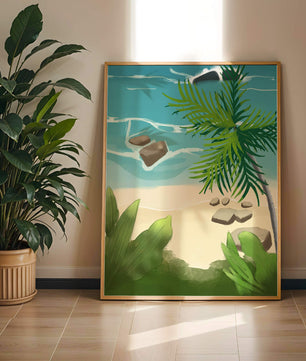 Serene tropical beach scene with lush greenery and calm waves