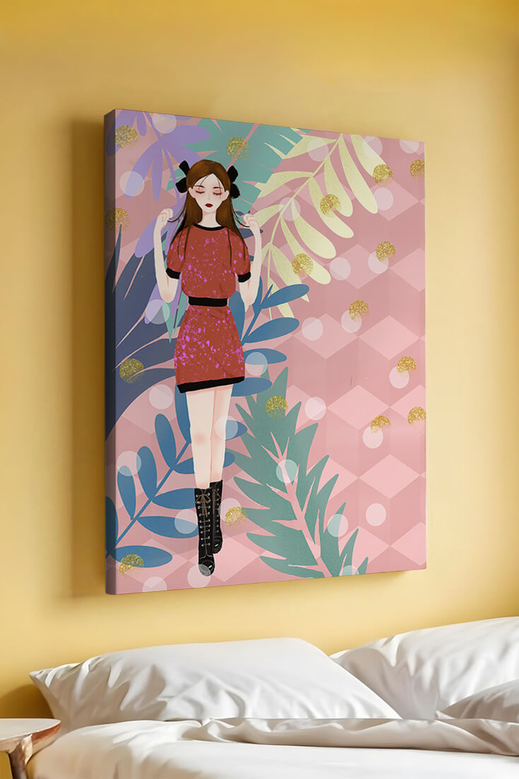 Stylish illustration of a woman with botanical elements and geometric background