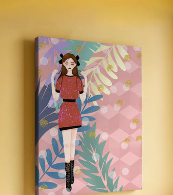 Stylish illustration of a woman with botanical elements and geometric background