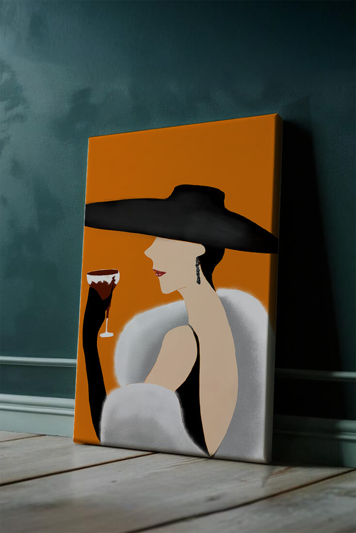 Elegant Woman in Black Hat and White Fur with Wine Glass