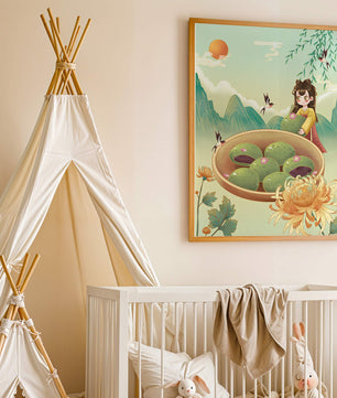 Charming Scene with Traditional Dress and Scenic Landscape Featuring Floral Elements and Birds