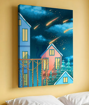 Winter Night Scene with Falling Meteors and Snow-Covered Houses