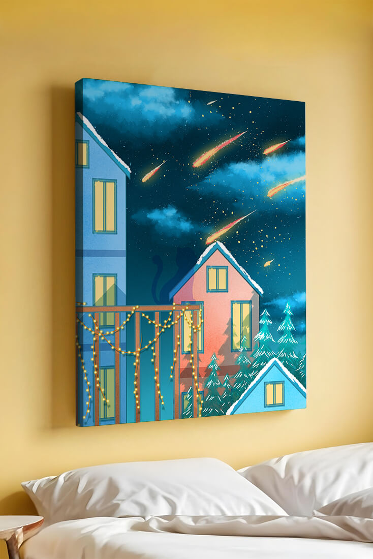 Winter Night Scene with Falling Meteors and Snow-Covered Houses