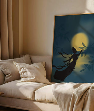 Silhouette of a Woman Reaching for Leaves in Front of a Full Moon