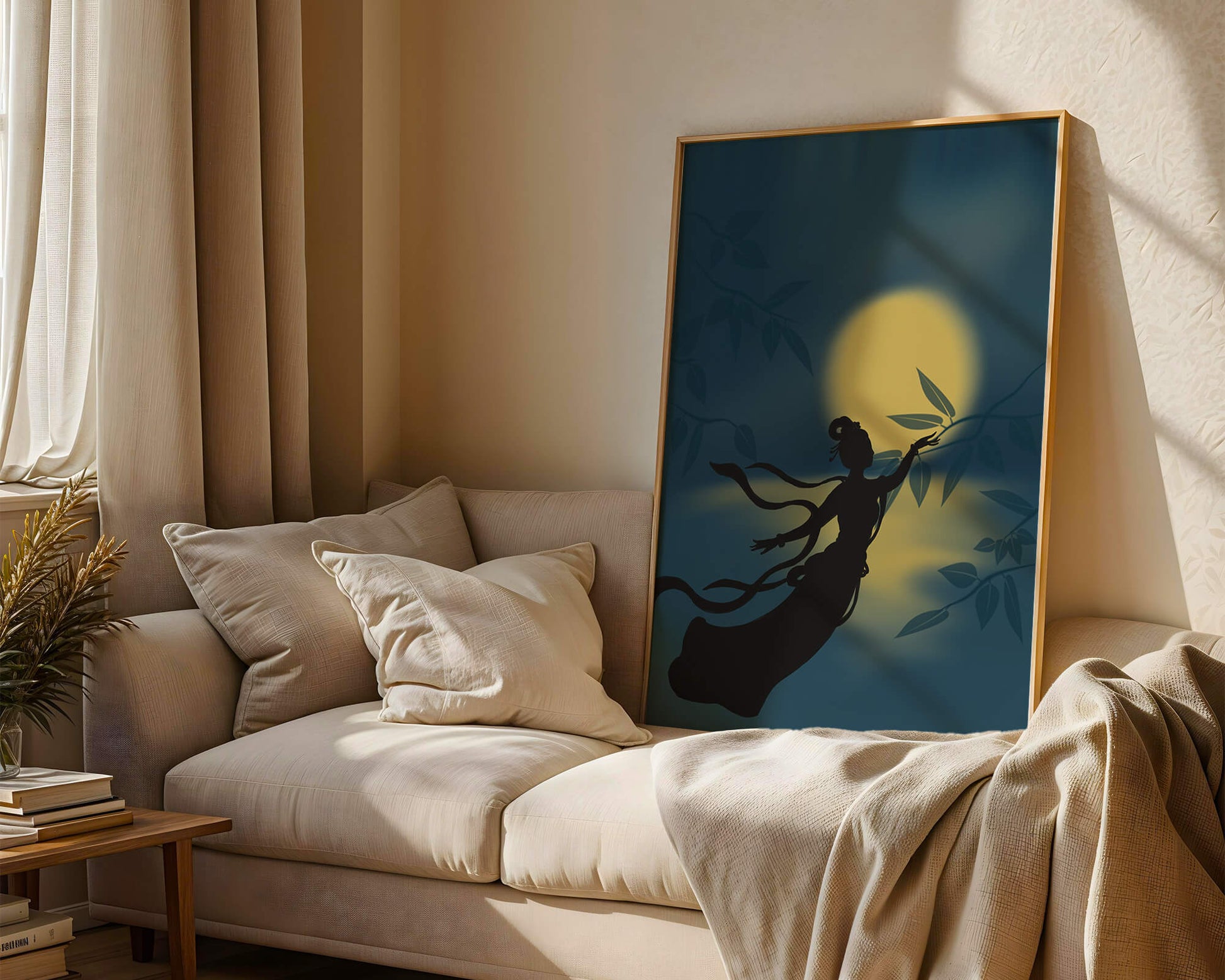 Silhouette of a Woman Reaching for Leaves in Front of a Full Moon