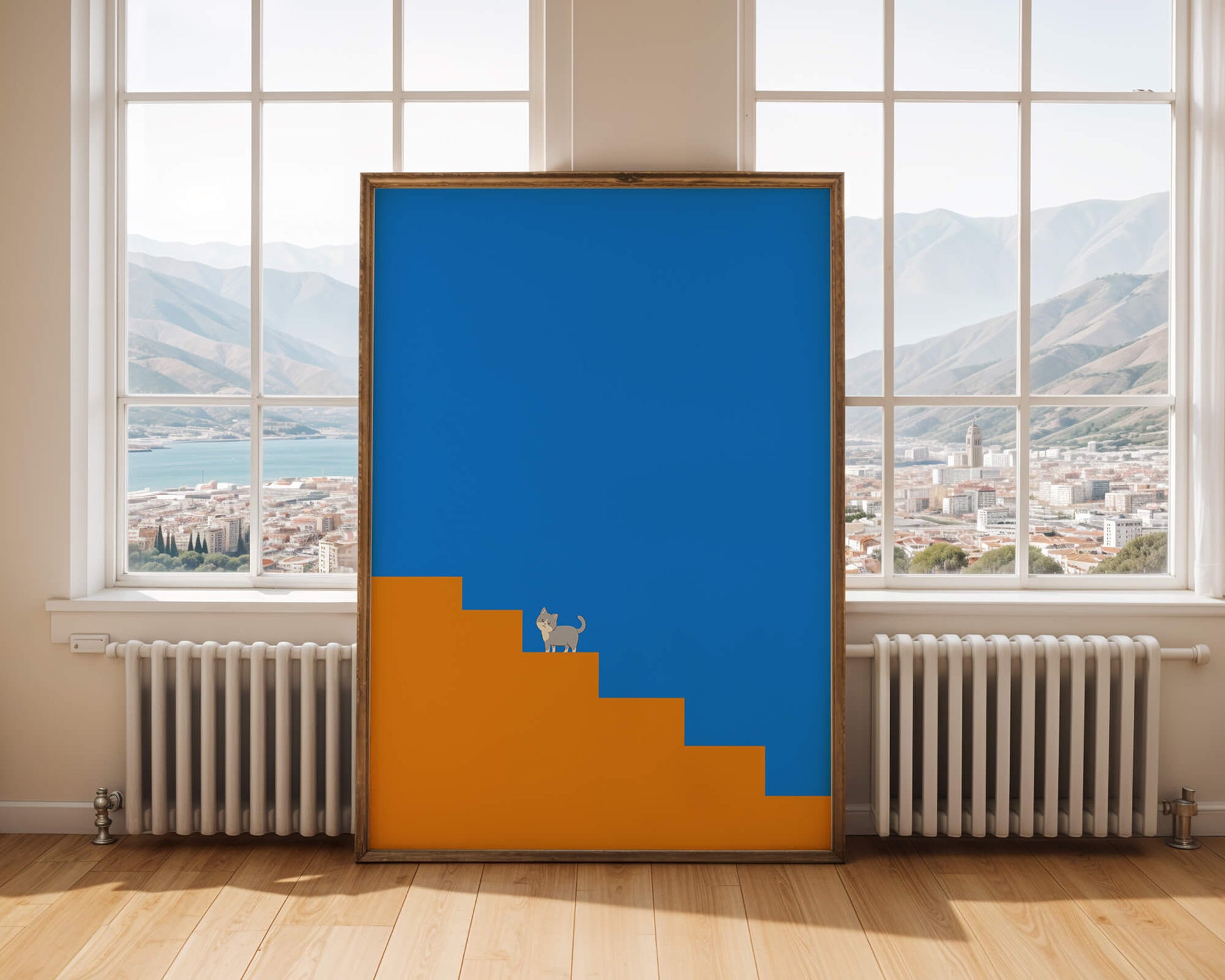 Minimalistic cat on stairs with blue background