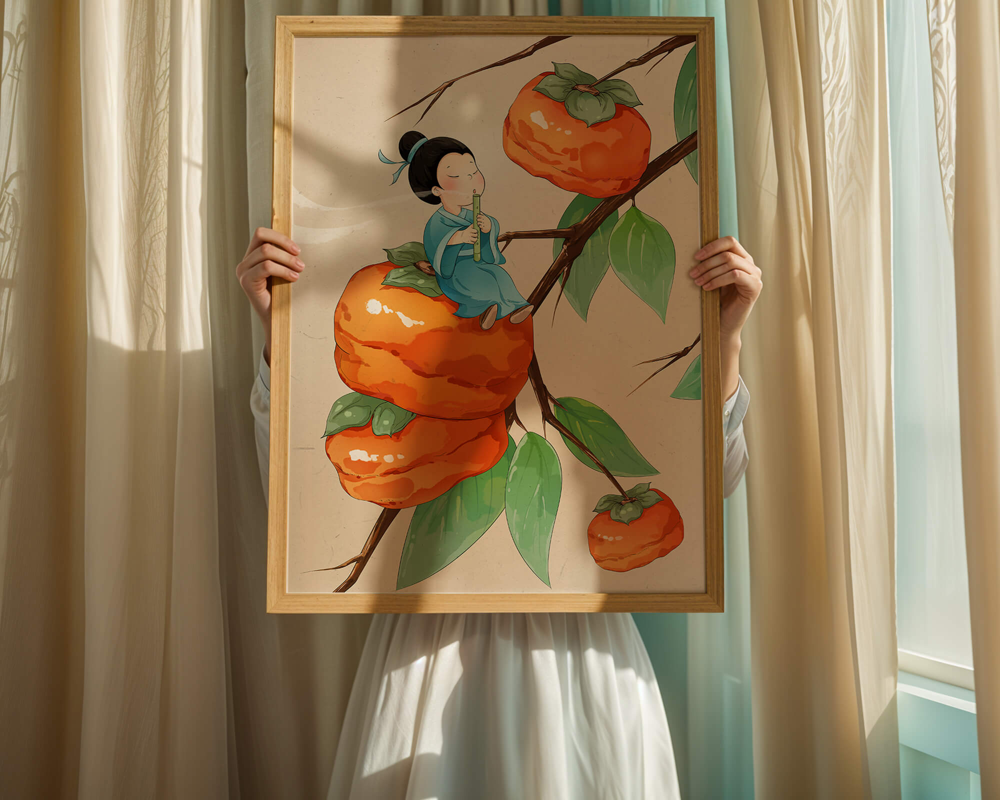 Child playing flute on persimmon-filled tree in whimsical illustration