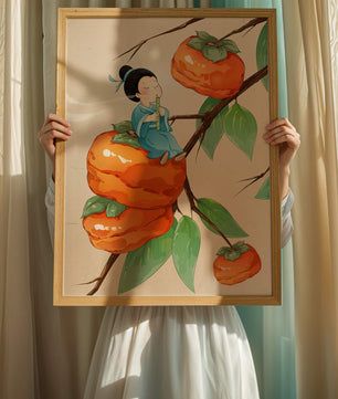 Child playing flute on persimmon-filled tree in whimsical illustration
