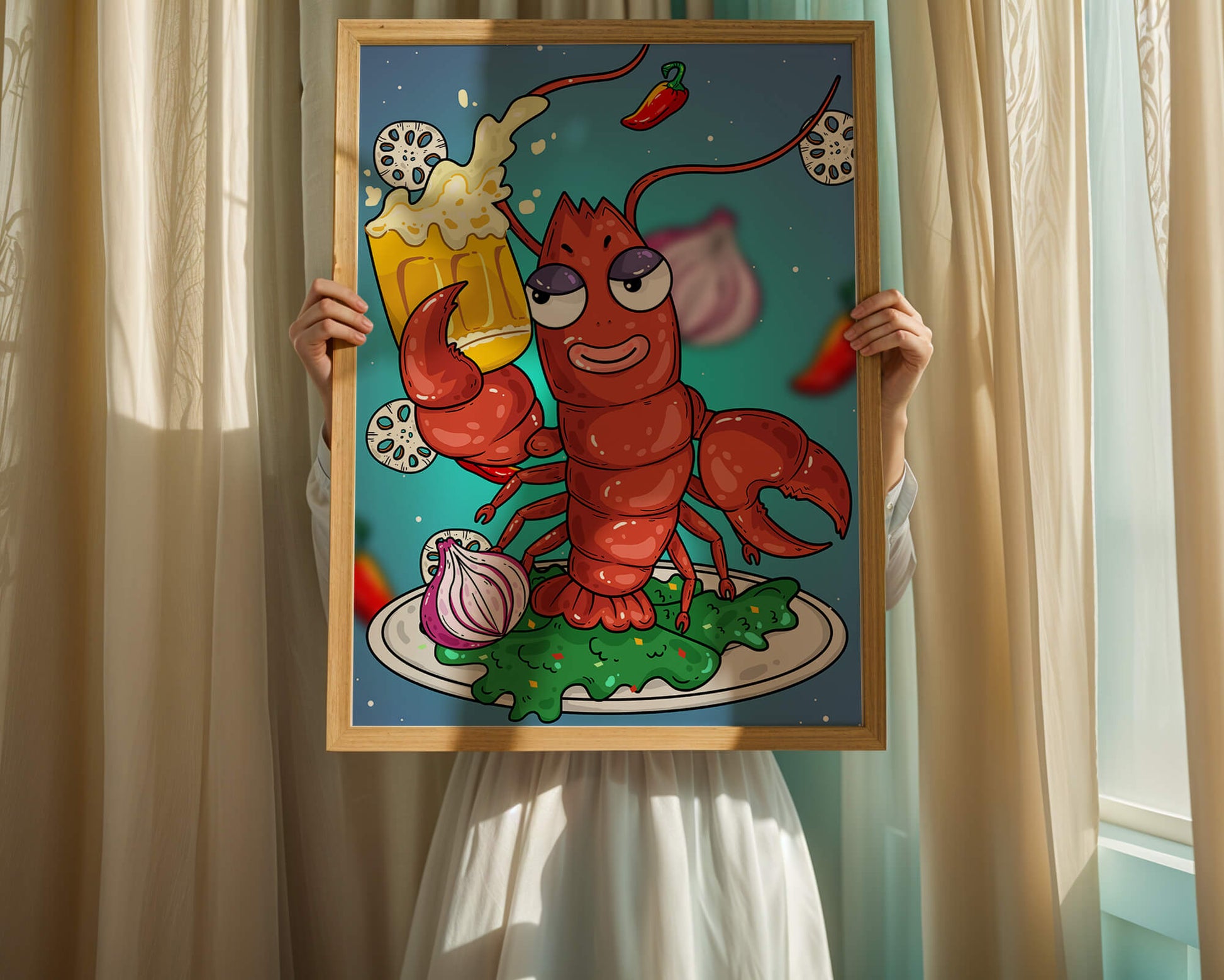 Playful cartoon lobster holding a beer in a whimsical setting