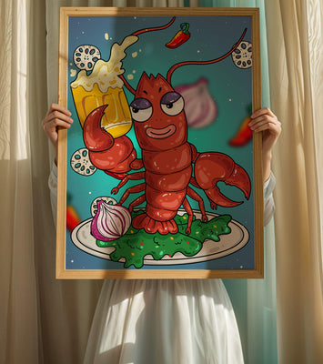 Playful cartoon lobster holding a beer in a whimsical setting