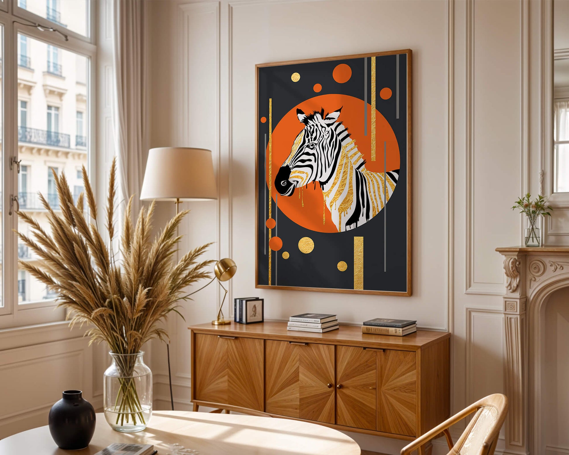 Modern zebra art with golden accents on abstract background